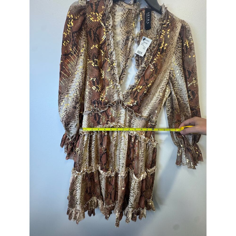 Akira Snake Print Tiered Ruffle Mini Dress Metallic Gold Shimmer Long Sleeve S - Picture 7 of 8